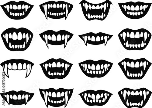 Variety of black silhouette vampire teeth and mouth illustrations