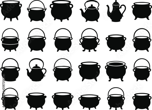 Black silhouette collection of vintage cooking pots and tea kettles