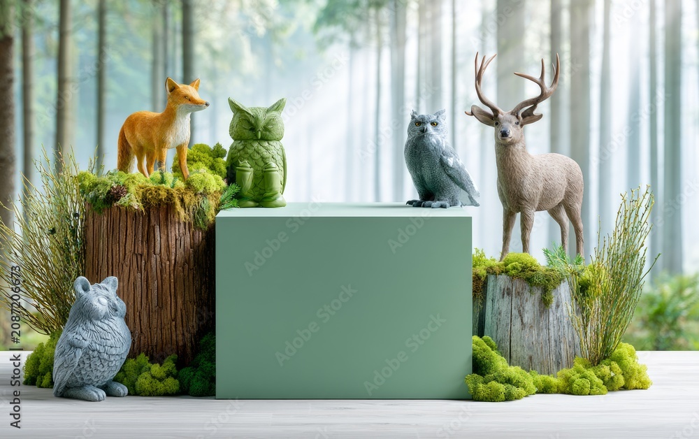 Fototapeta premium Forest Podium Display with Decorative Animal Figures for Holiday Showcase