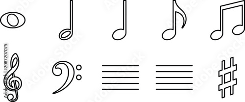 Cuadro en lienzo Music notes and clef notation icon set with treble bass staff sharp eighth quart