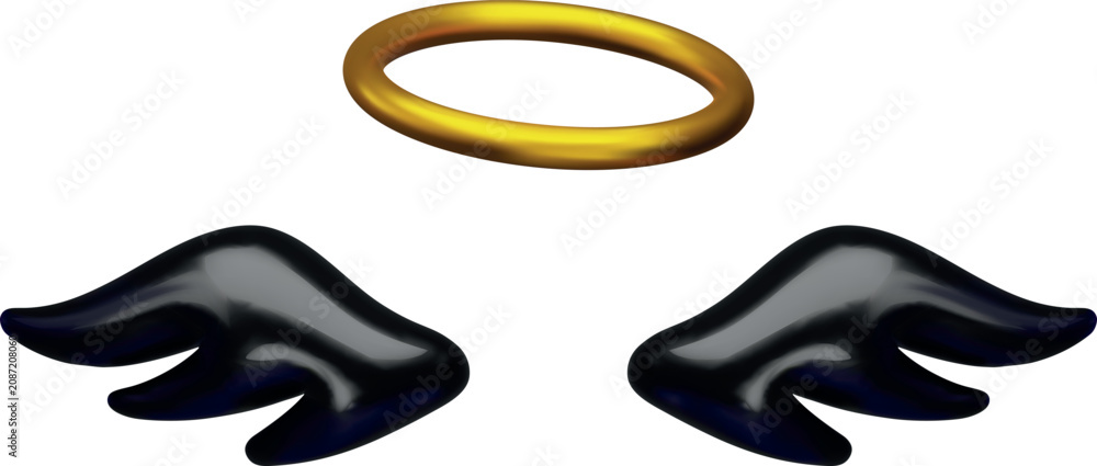 Obraz premium 3D render of a golden halo and black wings, carnival costume.