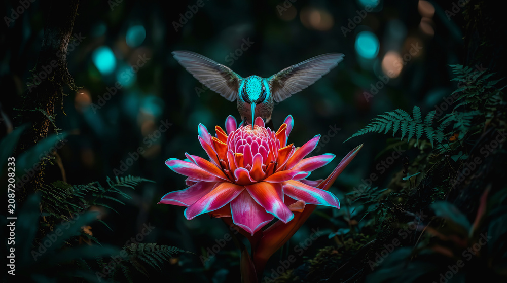 Fototapeta premium A hummingbird hovers over a vibrant pink flower in a dark forest setting with bokeh lights.