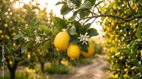 Fresh yellow lemons hanging on a tree branch with green leaves and white blossoms in a sunlit orchard during the golden hour of the day