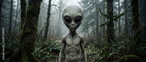 An eerie, realistic depiction of a grey alien standing in a dense, misty forest. The creature's large, dark eyes gaze directly at the viewer, creating a sense of unease and mystery.