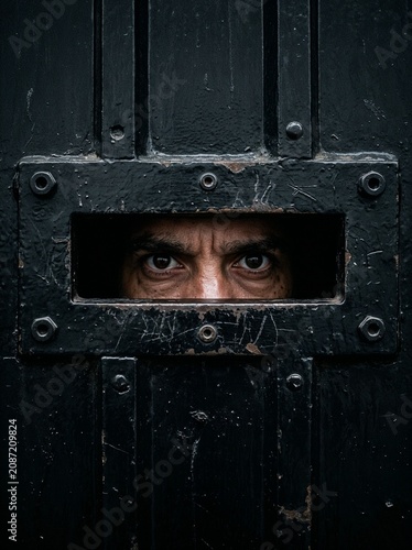 Man peering through a small opening in a dark wooden door  