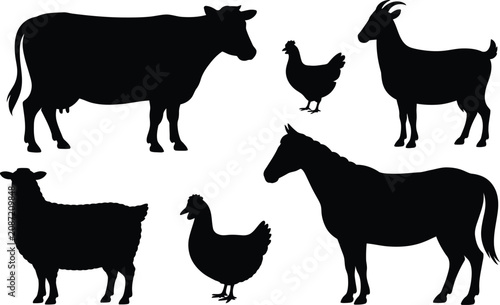 Cuadro en lienzo Black silhouette collection of farm animals and livestock with livestock agricul