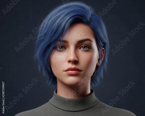 Young woman with blue hair posing against a dark background  