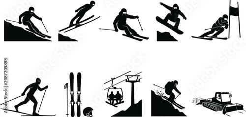 Bild auf Leinwand Skiing and Winter Sports Silhouette Set Featuring Downhill Skiers Snowboarder Ch