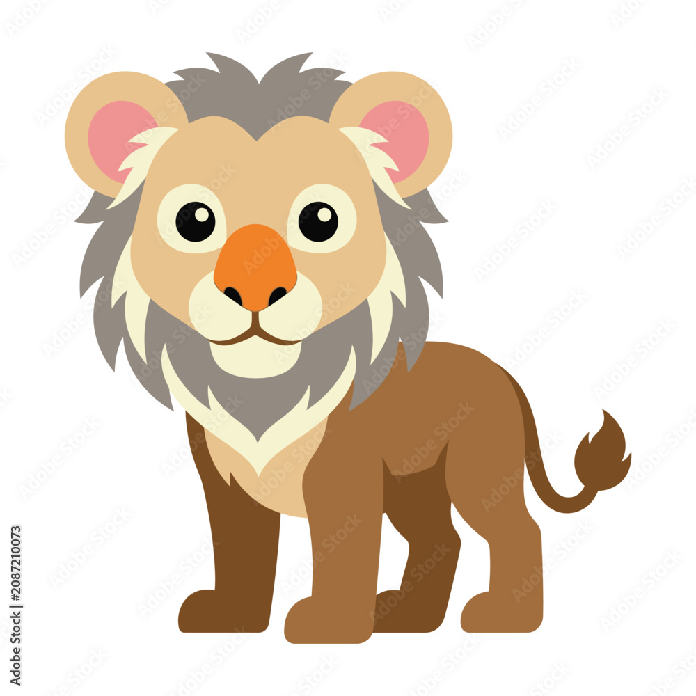 Fototapeta premium Cute Cartoon Lion Standing Upright with Shaggy Mane and Big Eyes Looking Forward