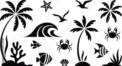 Photography Set of black beach and marine life silhouettes featuring palm trees ocean waves