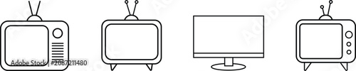 Line drawing of various old and new television sets and computer monitor with antennas  television  monitor  display  screen