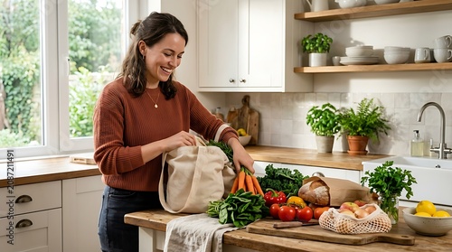 Woman, healthy lifestyle, kitchen, vegetables, eco-friendly bag