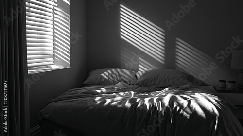 Sunlight streams through blinds onto a rumpled bed in a bedroom