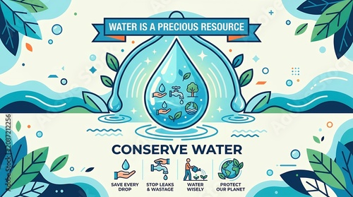 Conserving Water Resource Illustration with Pixel Art Style Drop Design