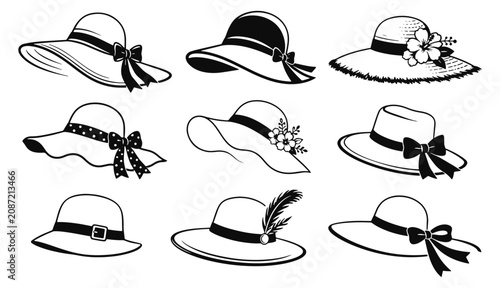 Φωτογραφία Women's Hats Vector Set, Hats Vector, Set of Elegant Women's Straw Hats and Wide