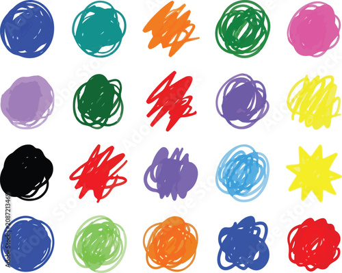 set of Colorful Doodle Scribbles Abstract Hand-Drawn Sketches Playful Childlike Marker Texture Background.