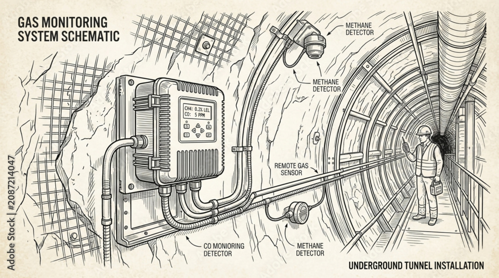 Obraz premium Gas Monitoring System Schematic Underground Tunnel Installation.