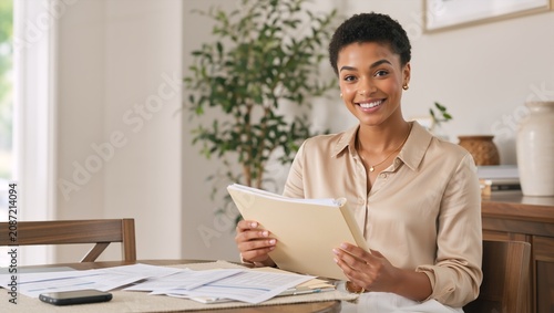 Smiling young Black businesswoman holding a folder at a desk. Happy female professional working with documents in a bright office. Entrepreneurship and success concept