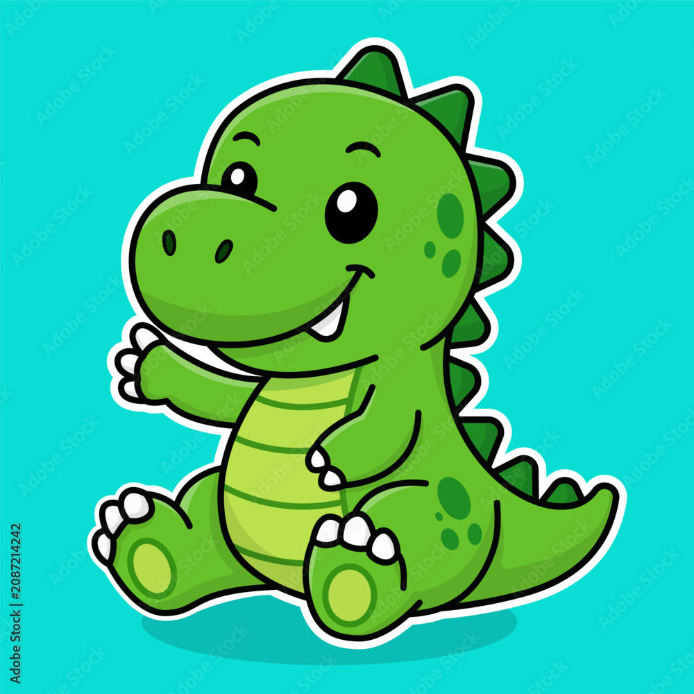 Obraz premium Cute Green Dinosaur Mascot Character Set Vector Illustration in Kawaii Cartoon Style for Kids Branding Design
