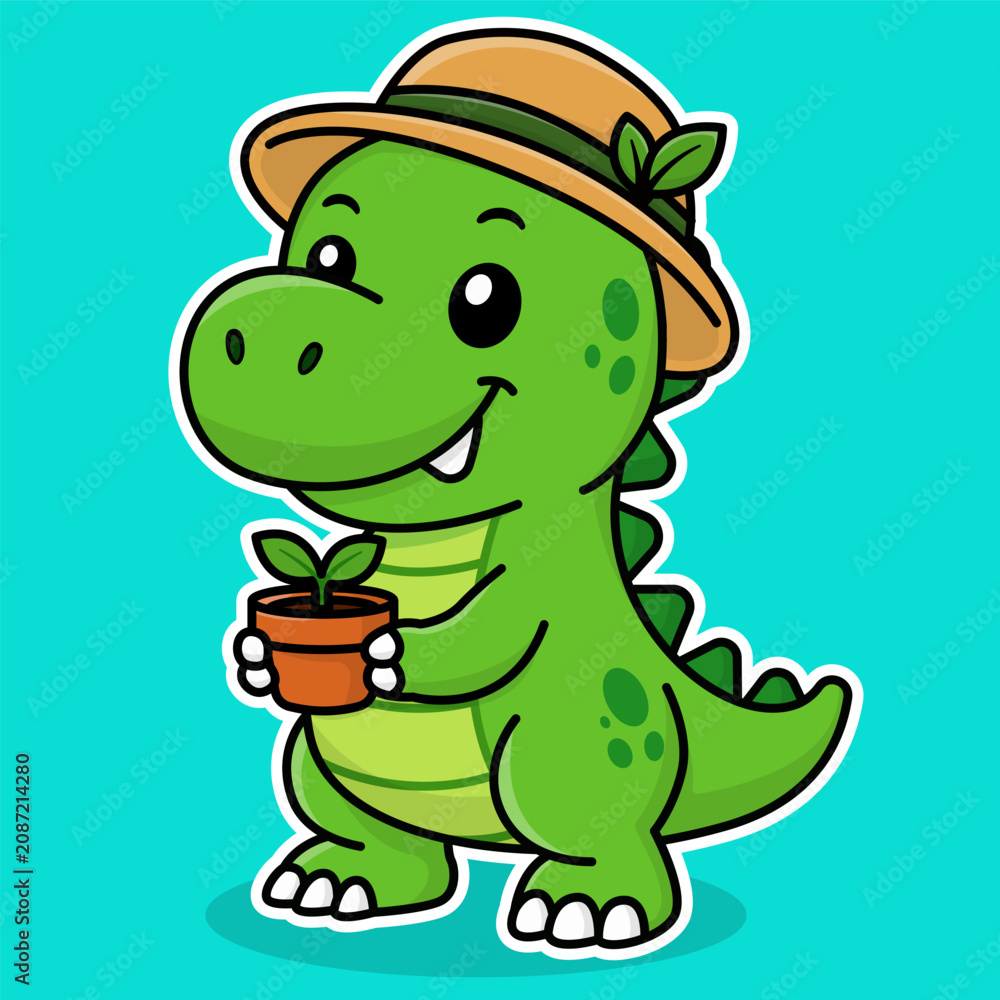 Fototapeta premium Cute Gardener Dinosaur Mascot Vector Illustration Holding Sunflower in Kawaii Cartoon Style for Kids Design