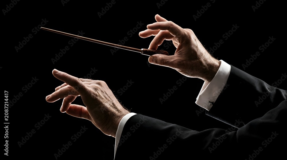 Obraz premium A detailed close-up of a professional orchestra conductor's hands, one holding a wooden baton, performing a dramatic musical movement against a stark, solid black background.