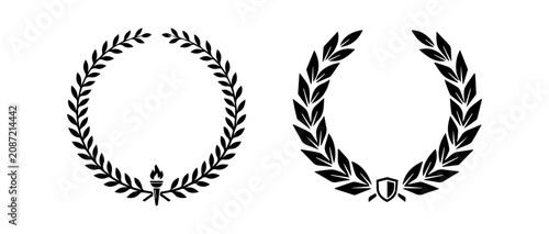 Foto Set black silhouette circular laurel foliate, wheat and oak wreaths depicting an