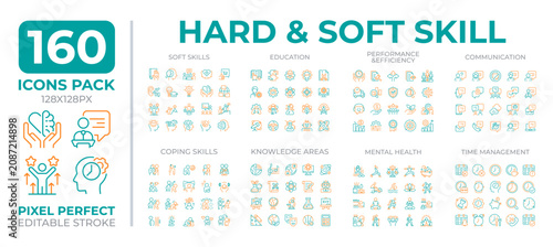 Hard and soft skills two color line icons set collection. Technical measurable abilities. Communication bicolor outline mega pack isolated, pixel perfect. Duotone thin lineart. Editable stroke
