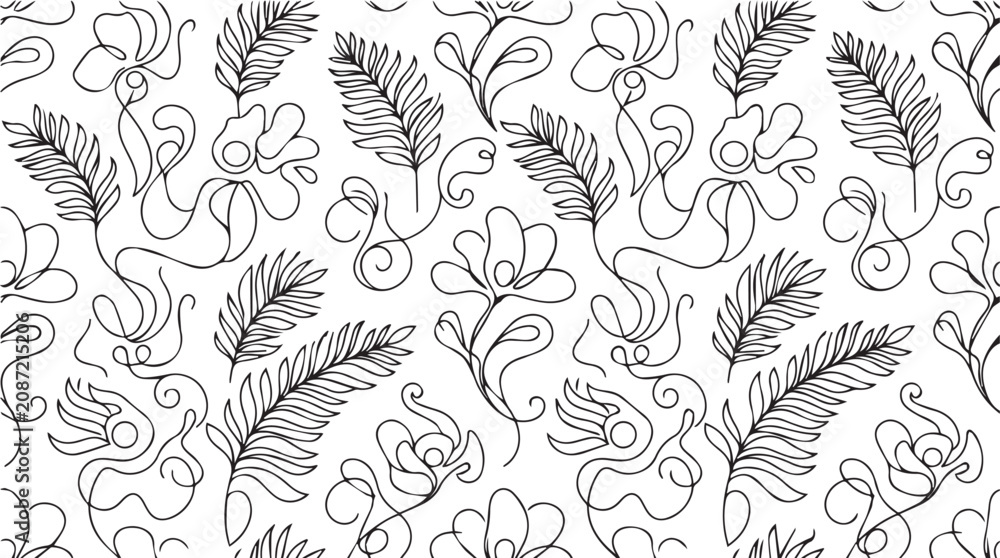 Fototapeta premium Minimalist monochrome floral vector texture with elegant line drawing single line ornaments