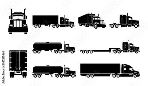 Truck Icons Set, Heavy Duty Vehicle Silhouettes, Commercial Transport Vector Graphics