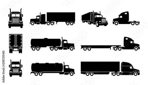 Truck Icons Set: Semi-Trailer Trucks, Tankers, Flatbeds, Vector Graphics for Logistics