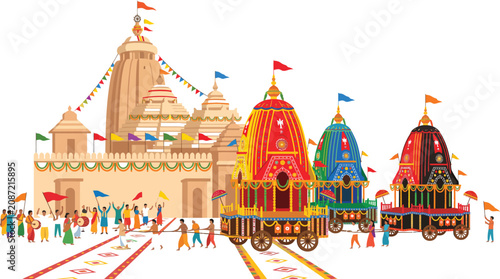 Vibrant indian rath yatra festival scene with temple and chariots