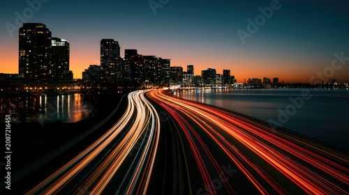 City skyline with glowing light trails on a highway at dusk