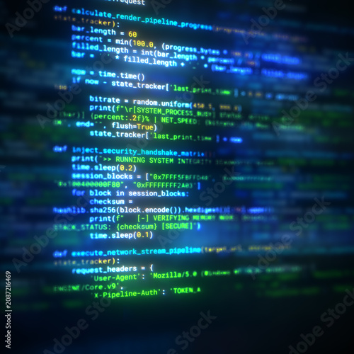 Abstract programming code on computer screen with selective focus. Futuristic digital software development technology concept. Python source code on screen with bokeh effect.