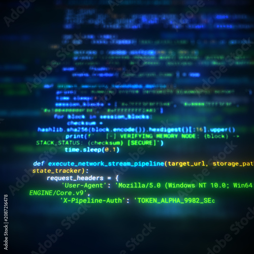 Abstract programming code on computer screen with selective focus. Futuristic digital software development technology concept. Python source code on screen with bokeh effect.