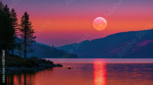 Vivid moonlit lake with fiery sunset over mountains and trees