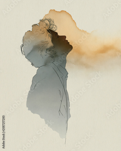 Profile silhouette of person looking up with warm watercolor glow