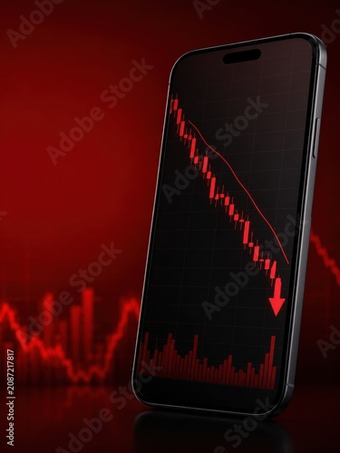 Smartphone displaying red downward stock market trend graph