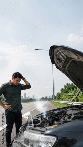 Man inspecting overheated car engine on roadside