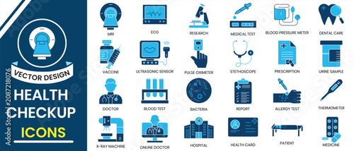 Health checkup icon set. Healthcare and medical icons. Outline icon of blood pressure, hospital, health insurance, stethoscope, medical, patients, checkup list, doctor consult, glucose meter and more.
