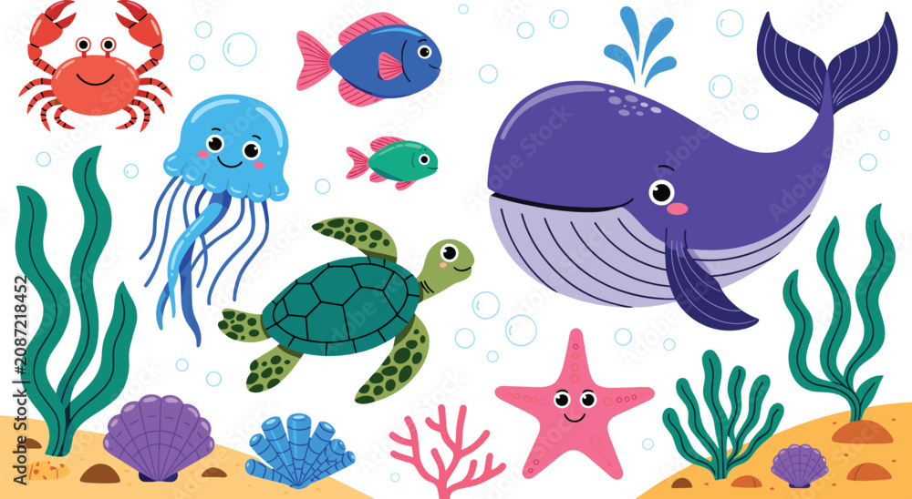 Obraz premium Sea creatures cartoon collection featuring purple whale sea turtle jellyfish crab starfish and tropical fish vectors for children nursery design.