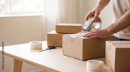 Foto Person packing cardboard boxes with tape for shipping or moving
