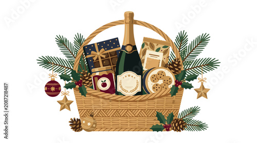 Fotografía Christmas gift basket filled with champagne, jam, cookies, and decorated with fir branches and ornaments