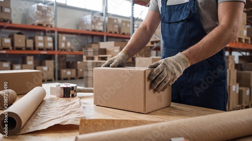 Tablou pe pânză Warehouse worker packing cardboard box with tape and supplies