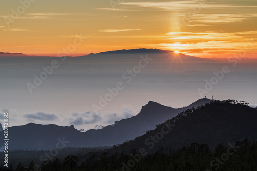 Dramatic sunset over the Teide National Park mountains in Tenerife, Canary Islands