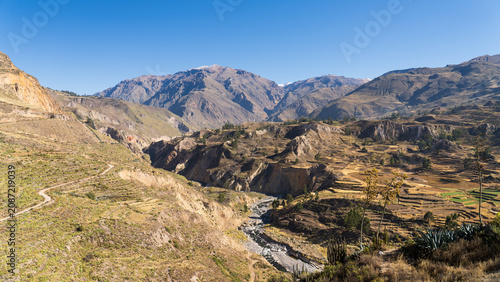 A gravel road twists along a steep ridge overlooking the winding Colca River and agricultural terraces in the deep Colca Canyon valley of Peru