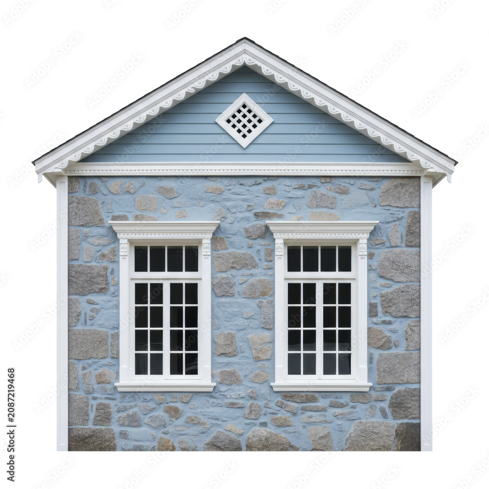 Obraz premium Rustic stone house facade painted in pastel blue with intricate white wooden trim and symmetrical windows against a transparent backdrop, traditional rural charm
