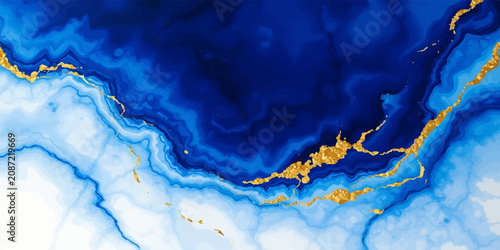 Photography Royal blue and white liquid ink painting with striking gold glitter veins abstra