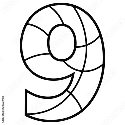 Basketball Number Nine Black Line Art Silhouette On White.