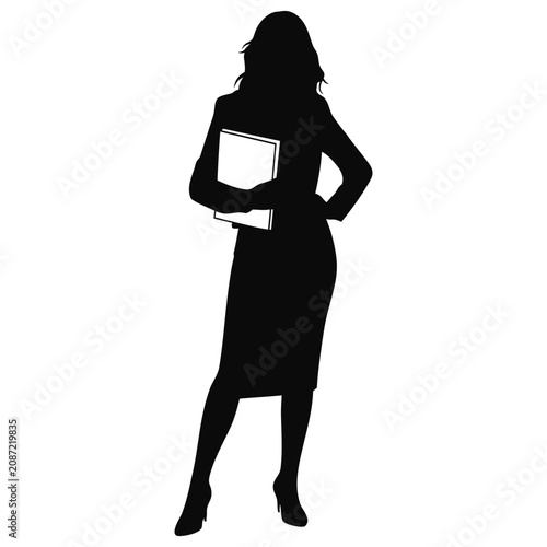 Woman Holding Document Silhouette Against White Background.
