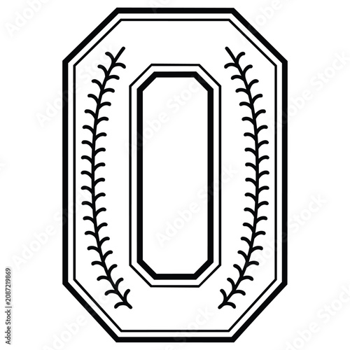 Number zero with baseball stitch detail black and white silhouette.